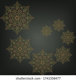 Gold Mandala auf schwarzem Hintergrund. Ethnische Vintage