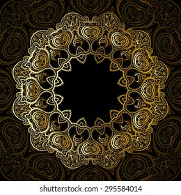 Gold mandala on black background. Ethnic vintage pattern.