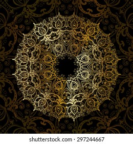 Gold mandala on black background. Ethnic vintage pattern.
