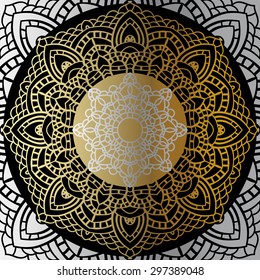 Gold mandala on black background. Ethnic vintage pattern.