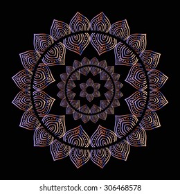 Gold mandala on black background. Ethnic vintage pattern.