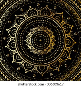 Mandala dorada sobre fondo negro. Patrón étnico vintage.