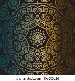 Gold mandala on black background. Ethnic vintage pattern.