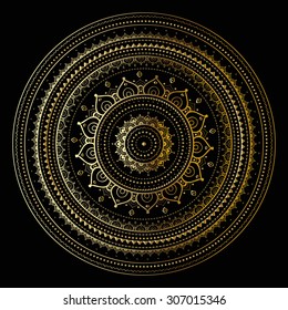 Gold Mandala On Black Background. Ethnic Vintage Pattern.