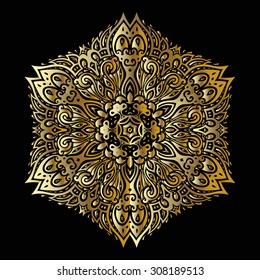 Gold mandala on black background. Ethnic vintage pattern.