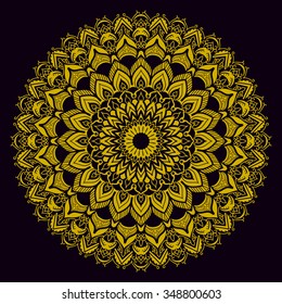 Gold mandala on black background. Ethnic vintage pattern.