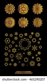 Gold mandala on black background. Ethnic vintage pattern design for your invitations 