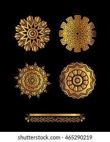 Gold mandala on black background. Ethnic vintage pattern design