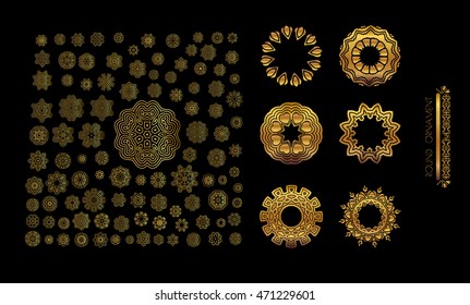 Gold mandala on black background. Ethnic vintage pattern design for your invitations
