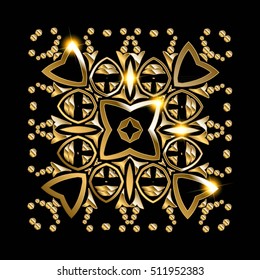 Gold mandala on black background. Ethnic vintage pattern. Vector illustration