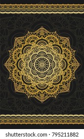 Gold mandala on black background. Ethnic vintage pattern. Mandala meditation poster. Tibetan, thai, asian motifs. 