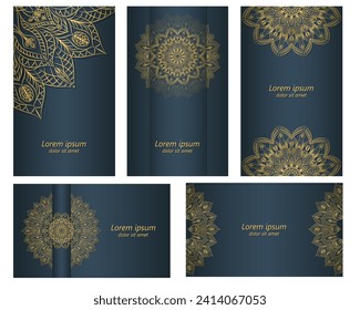 Mandala dorada de fondo azul. Cinco lujosos orígenes con adornos étnicos. Noble diseño para postal, invitación, volante. Diseño elegante para el embalaje