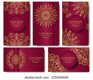 Gold mandala burgundy gradient background  A luxurious ornament for business cards  postcards  invitations  packages  Set five backgrounds and ethnic patterns 