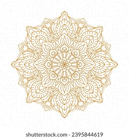 Goldmandala auf weißem Hintergrund. Die Mandala ist perfekt symmetrisch, mit einem zentralen Kreis, umgeben von konzentrischen Ringen mit immer komplexeren geometrischen Mustern