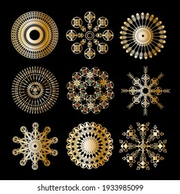 Gold Mandala ornament. Oriental round pattern. Vector deign for stickers, flash temporary tattoo, mehndi and yoga design, boho, magic symbol