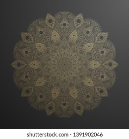 Gold mandala pattern. Abstract gold on black floral vector art. Golden flower in indian motive. Luxury lace decoration. Round ornament asian ethnic circle. Decorative arabic backdrop. Beautiful decor