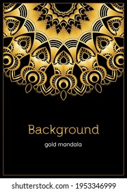 Gold mandala poster, cover, card, invitation with black background. Identity for yoga studio, meditation class, lounge cafe. Luxury gold vector elements. A4 format easy resizable beautiful template