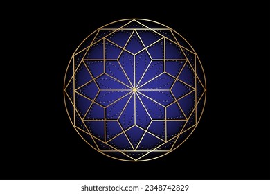 Gold mandala of sacred ancient geometry. Chakra symbols, Ajna, dark blue color, Third eye Chakra. Alchemy, religion, philosophy, spirituality themes. Golden Logo icon isolated on black background