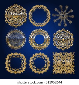 Gold mandala set. Blue version. Perfect cards for any other kind of design, birthday and other holiday. Vector illustration