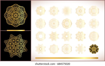 Gold mandala set. Traditional golden decor on white background.Oriental vector gold pattern. Vector illustration.