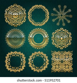 Gold mandala set. Turquoise version. Perfect cards for any other kind of design, birthday and other holiday. Vector illustration