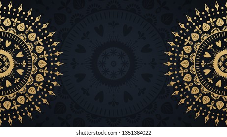 Gold mandala template background with place for text. Vector floral illustration for design, print, fabric, textile