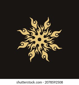 Gold Mandala Tribal Flaming Sun Symbol Logo on Black Background. Stencil Decal Tattoo Design. Flat Vector Illustration.