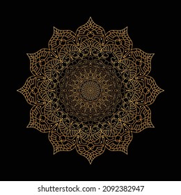 Gold Mandala Vector With Black Background. Beautiful Design for Wedding Cards, Invitation Cards, Christmas wishings, Card Decoration, Salon. Indian, Arabic, Ethnic, Islam, Vintage Style.