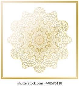 Gold mandala. Vector vintage pattern in Eastern style. Ornate line art element. Ornamental floral pattern for wedding invitations, greeting cards. Traditional golden decor.