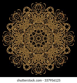 Gold mandala.Calligraphic vector design elements on the black background. Gold menu and invitation border, round frame,divider,page decor. Luxury style calligraphic