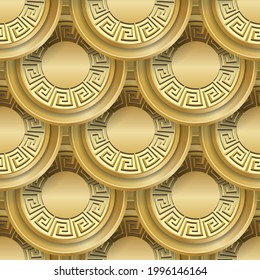 Gold Mandalas 3D nahtloses Muster. Der luxuriöse Hintergrund auf der Oberfläche. Griechischer Stil wiederholen Hintergrund. Rundmandalas 3D-Ornament mit Kreisen, griechischem Schlüssel, Mäander, Schatten und Highlights.