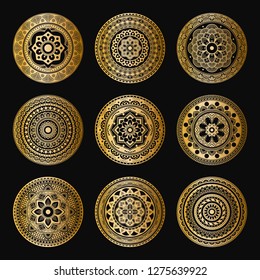 Gold mandalas on black background. Abstract luxury decor. Islam, Arabic, Pakistan, Moroccan, Turkish, Indian, Spain motifs. Can be used for textile, invitations, banners.
