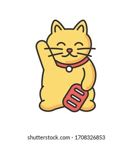 Gold maneki neko RGB color icon. Traditional japanese mascot to bring fortune. Oriental souvenir from Japan. Kitty talisman for luck. Cute kitten figurine with waving paw. Isolated vector illustration