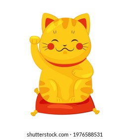 Gold Maneki-neko Cat with Raised Right Paw as Ceramic Japanese Figurine Bringing Good Luck Vector Illustration