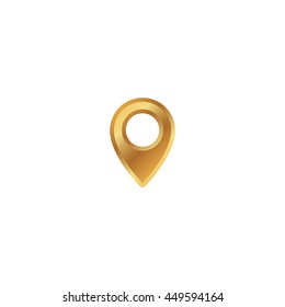 gold map location pin icon or button in flat style with long shadow, isolated vector illustration on white transparent background
