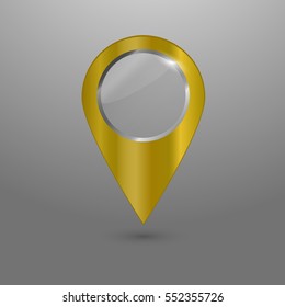 Gold map marker with glass middle. Vector map pin icon