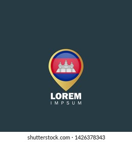 gold map pin with Cambodia circle flag 