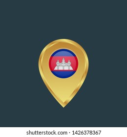 gold map pin with Cambodia circle flag 