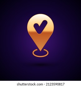 Gold Map pin with check mark icon isolated on black background. Navigation, pointer, location, map, gps, direction, place, compass, search concept.  Vector
