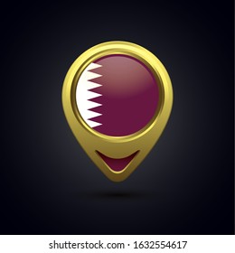 Gold map pin with Qatar circle flag, illustration of country location pin