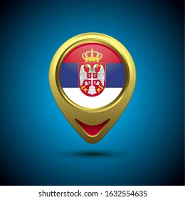 Gold map pin with Serbia circle flag, illustration of country location pin