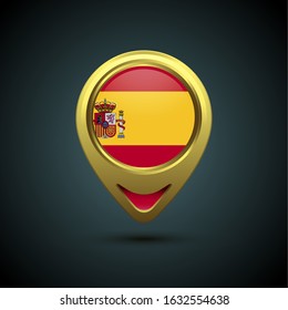 Gold map pin with Spain circle flag, illustration of country location pin