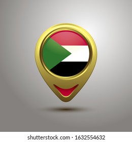 Gold map pin with Sudan circle flag, illustration of country location pin