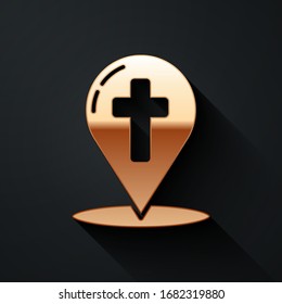Gold Map pointer with christian cross icon isolated on black background. Long shadow style. Vector Illustration