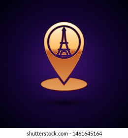 Gold Map pointer with Eiffel tower icon isolated on dark blue background. France Paris landmark symbol.  Vector Illustration