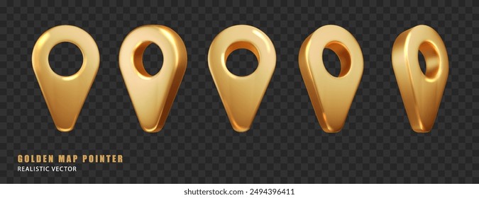 Gold map pointer. Location symbol isolated on dark. Web location point, pointer. Vector realistic