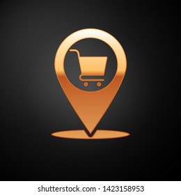 Gold Map pointer with shopping cart icon isolated on black background. Pin point shop and shopping. Supermarket basket symbol. Vector Illustration