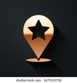 Gold Map pointer with star icon isolated on black background. Star favorite pin map icon. Map markers. Long shadow style. Vector Illustration