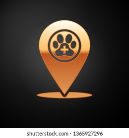 Gold Map pointer with veterinary medicine hospital, clinic or pet shop for animals icon isolated on black background. Vet or veterinarian clinic. Vector Illustration
