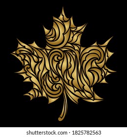 Gold maple leaf. Vector illustration. Autumn symbol. Decorative element for cards, invitations, fabrics, printing on T-shirts. Isolated on a black background.